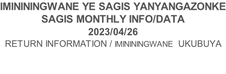 IMINININGWANE YE SAGIS YANYANGAZONKE SAGIS MONTHLY INFO/DATA 2023/04/26 RETURN INFORMATION / IMINININGWANE  UKUBUYA